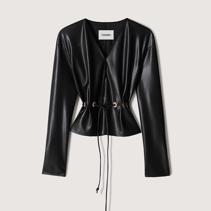 Nanushka Faroe Vegan Leather Belted Peplum Top In Black